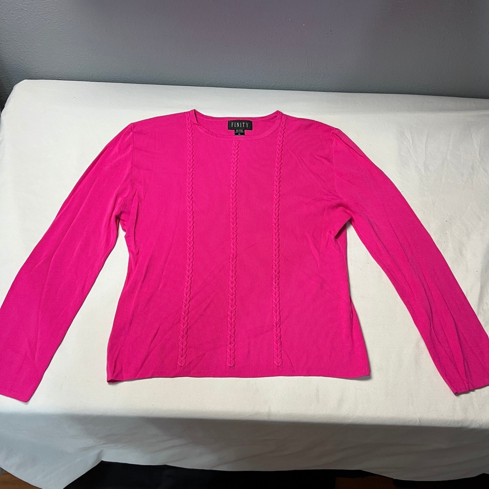 FINITY Romantic XL Hot Pink‎ Long Sleeve Ribbed Knit Top Braided Detail Pullover